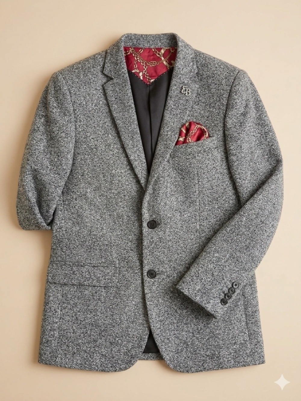 Boys' Gray Tweed Blazer with Red Pocket Square